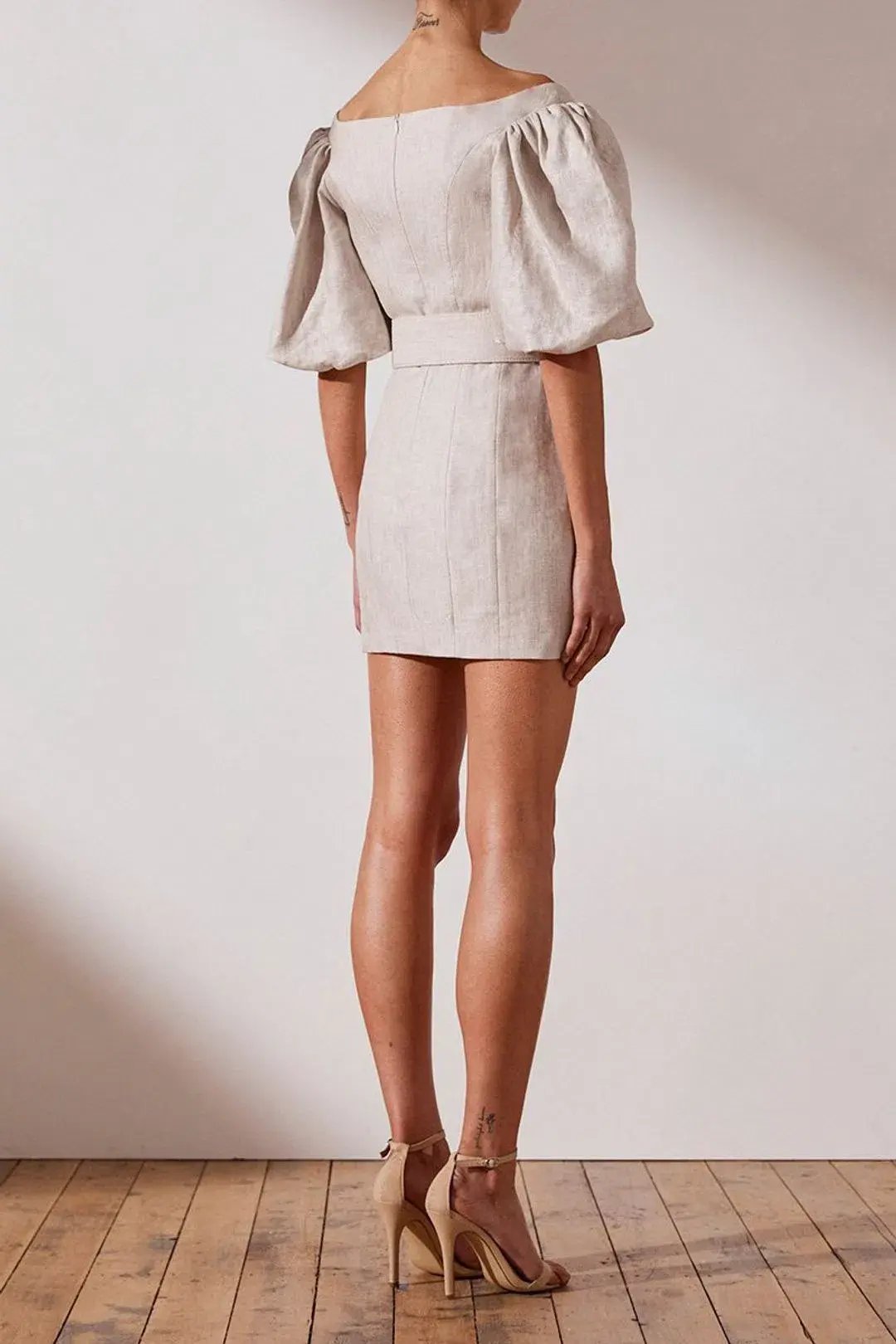 Shona Joy Hamilton Off Shoulder Fitted Mini Dress Beige Size 12 photo 3