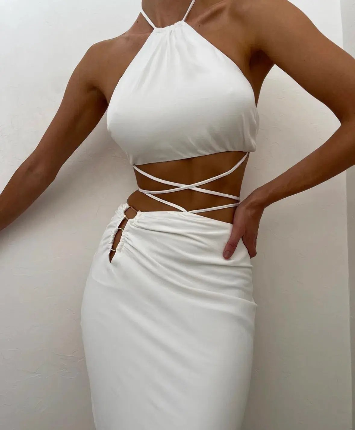 MESHKI Leanne Halter Tie Front Midi Dress White Size 6 photo 2