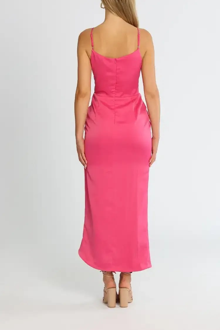Elle Zeitoune Gathered Waist Midi Dress in Pink Punch Size 10 photo 3