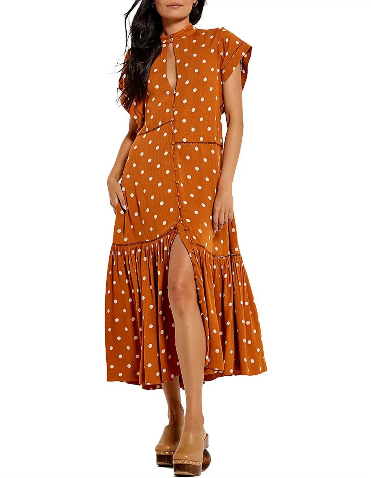 Bohemian Traders Polka Dot Lattice Midi Dress Brown Size 8 photo 2