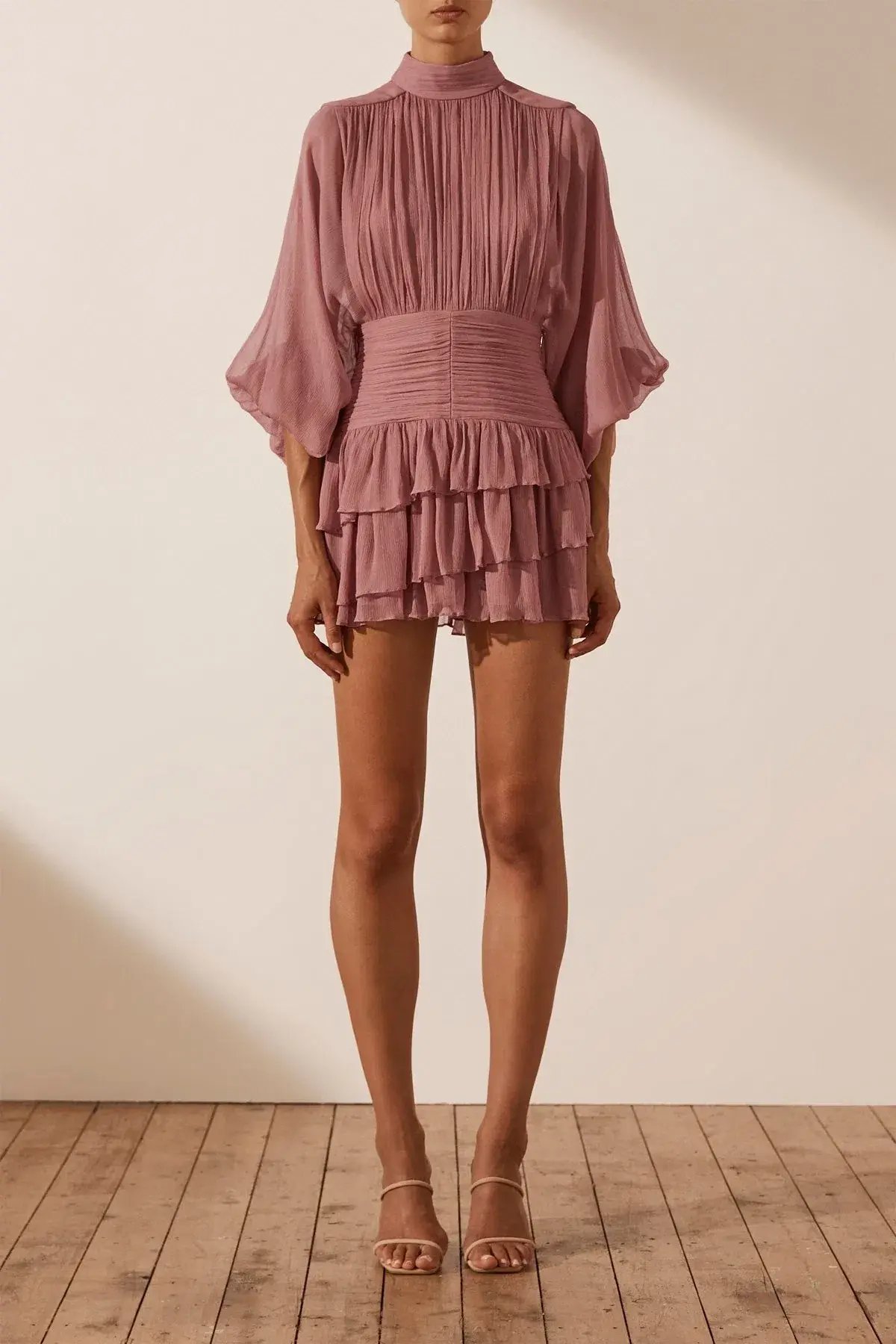 Shona Joy Olympia Long Sleeve Ruched Mini Dress in Antique Rose Pink Size 6 photo 4