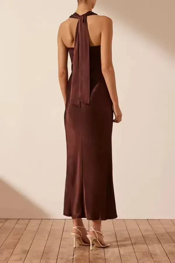 Shona Joy Lana Ruched Halter Midi Dress Cocoa Size 6 photo 2