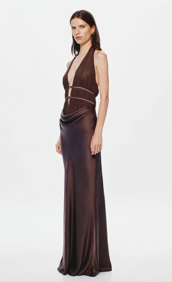 Misha Collection Celine Satin Maxi Dress Umber Brown photo 3