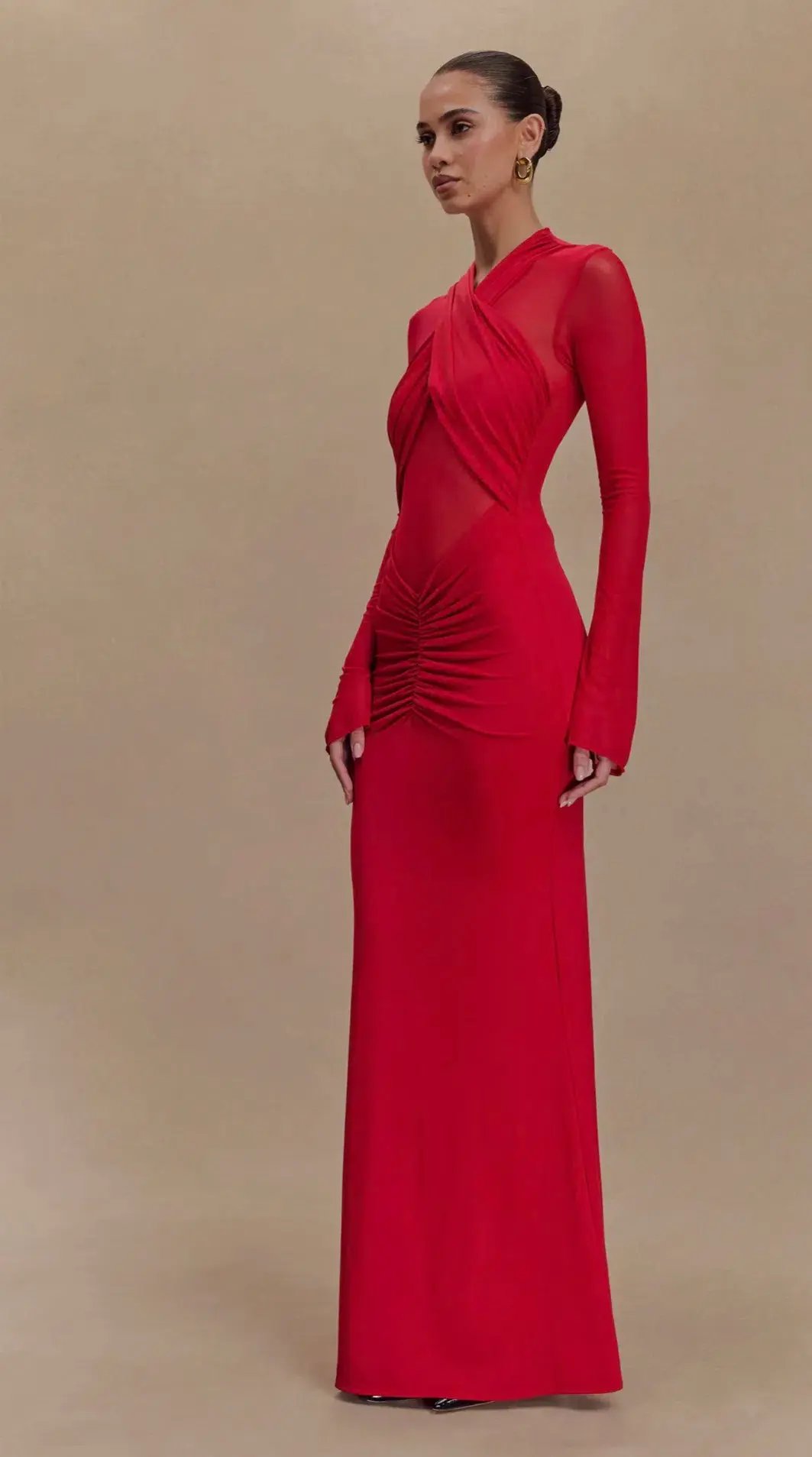 Meshki Tania Slinky And Mesh Long Sleeve Maxi Dress in Red Size 6 photo 2