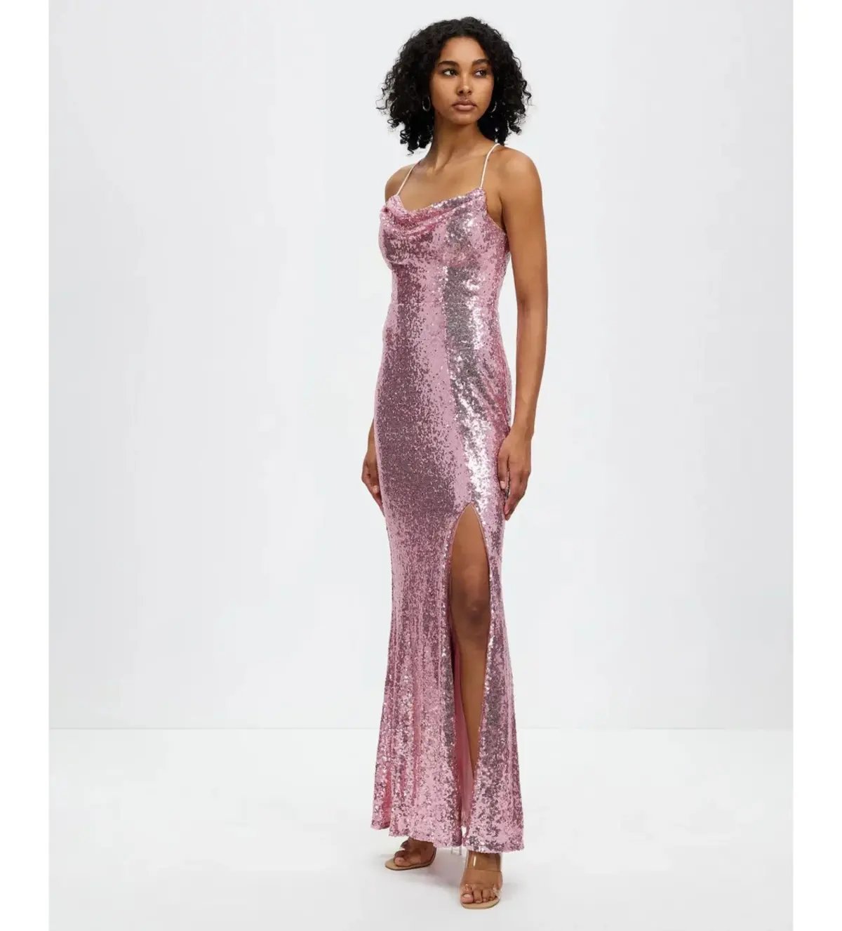Bariano Stephanie Cowl Draped Sequin Gown Baby Pink Size AU 16 photo 2