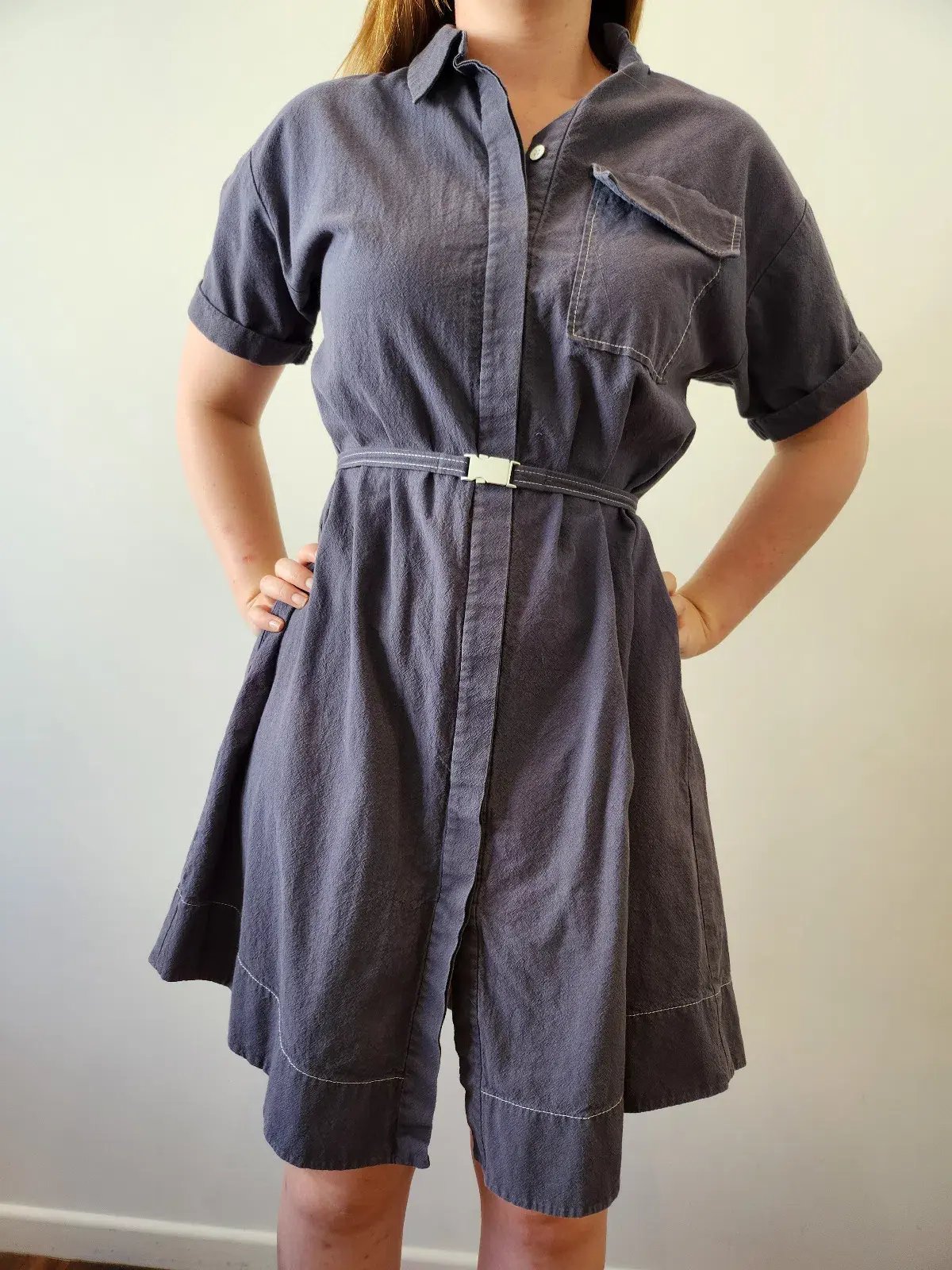 Cue Button Up Dress with Belt Navy Size 8 photo 2
