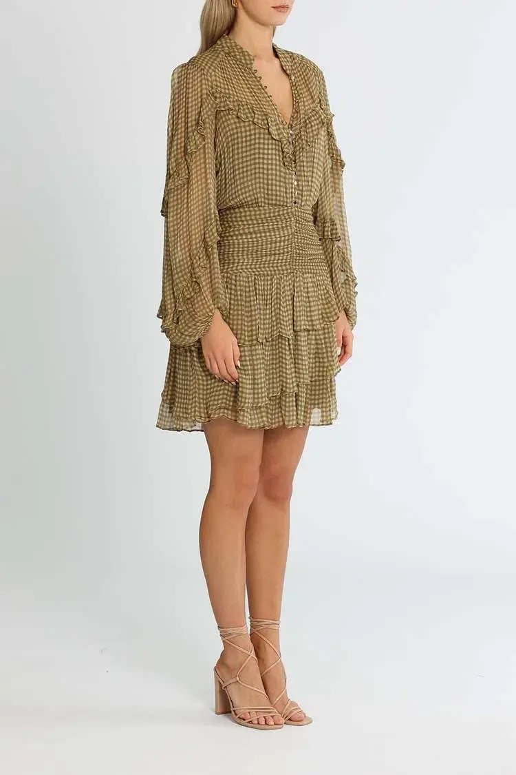 Shona Joy Eleonora Ruched Frill Mini Dress Olive Khaki Print Size 8 photo 2