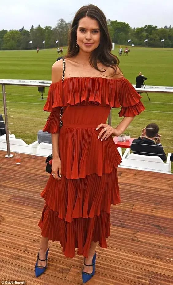 Self Portrait Flounced Off the Shoulder Pleated Maxi Dress Crimson Red Size 6 photo 2