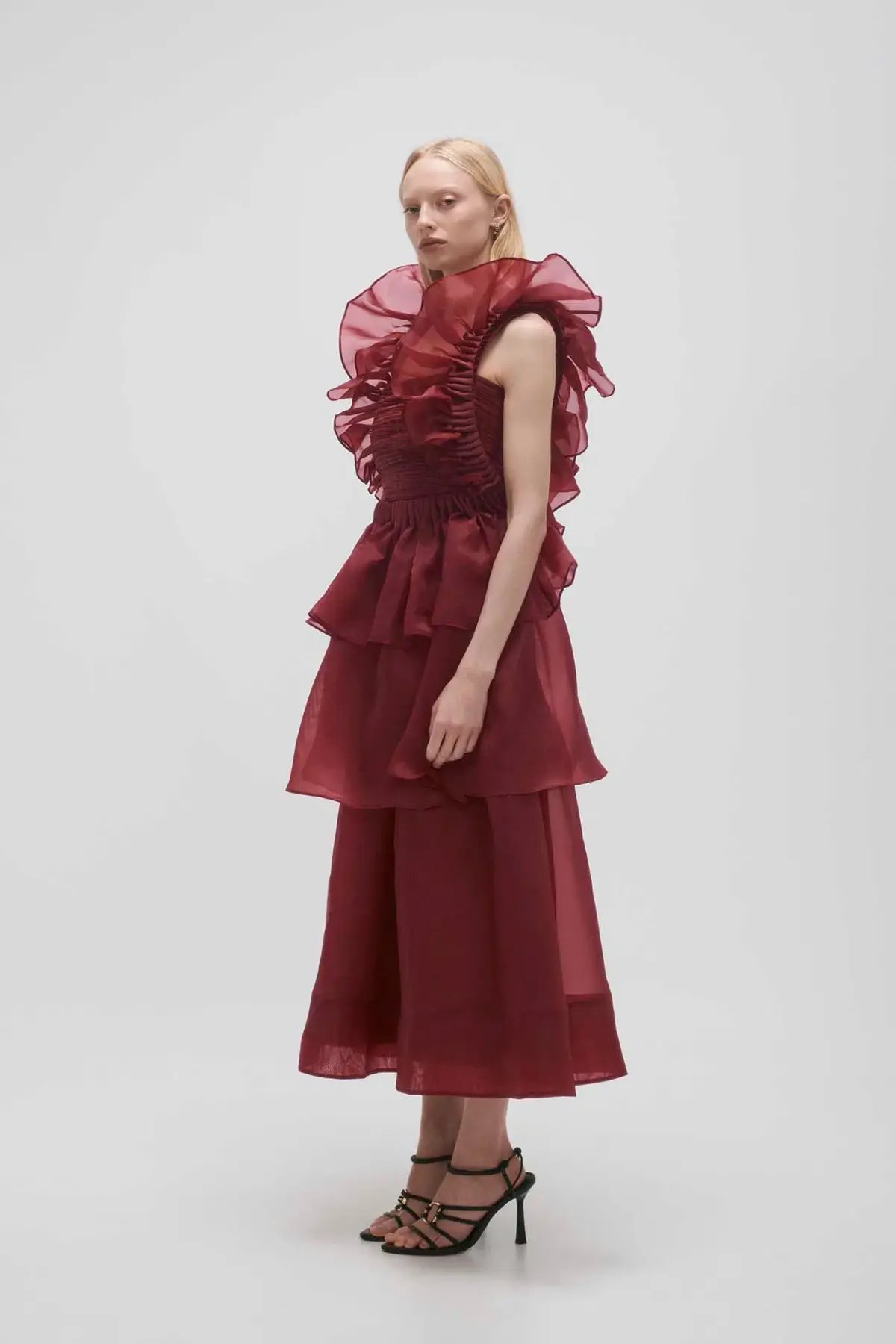 AJE ASRA PLEATED FRILL MIDI DRESS RED SIZE 8 photo 3