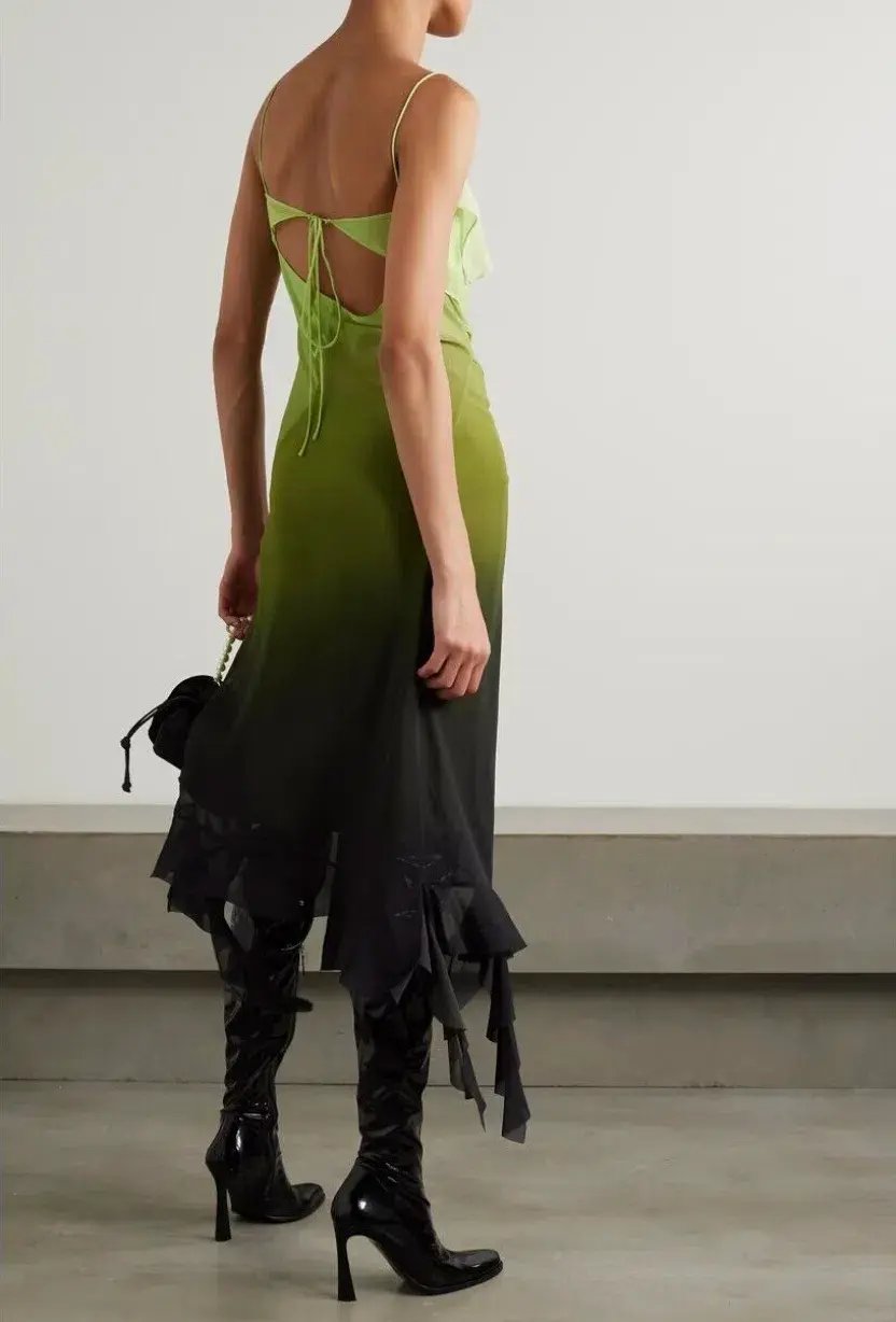 Acne Studios Asymmetric Ruffled Ombré Chiffon Midi Dress Green Size 10 photo 2
