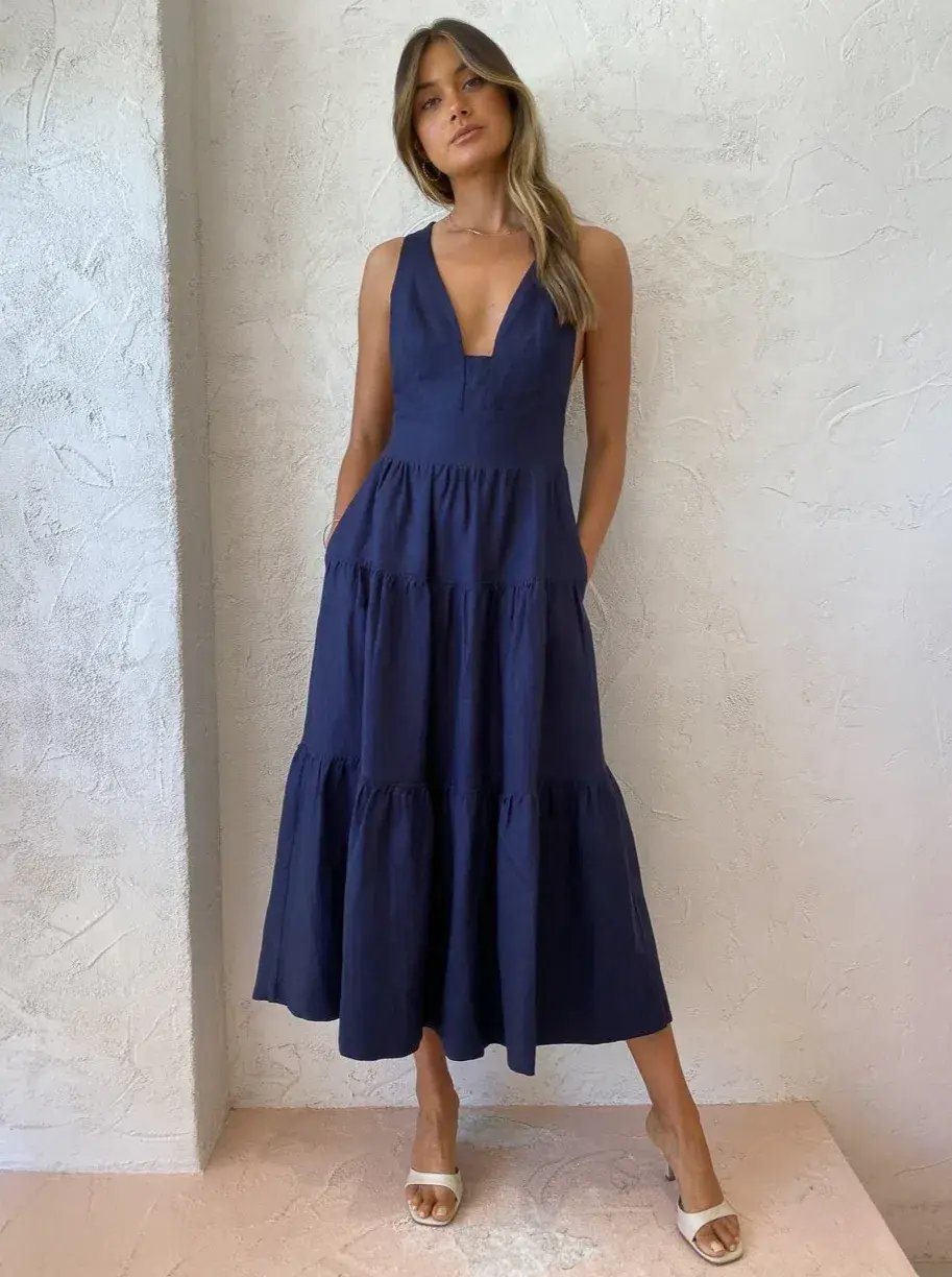 Shona Joy Ligia Linen Plunged Cross back Midi Dress Navy Size 8 photo 4