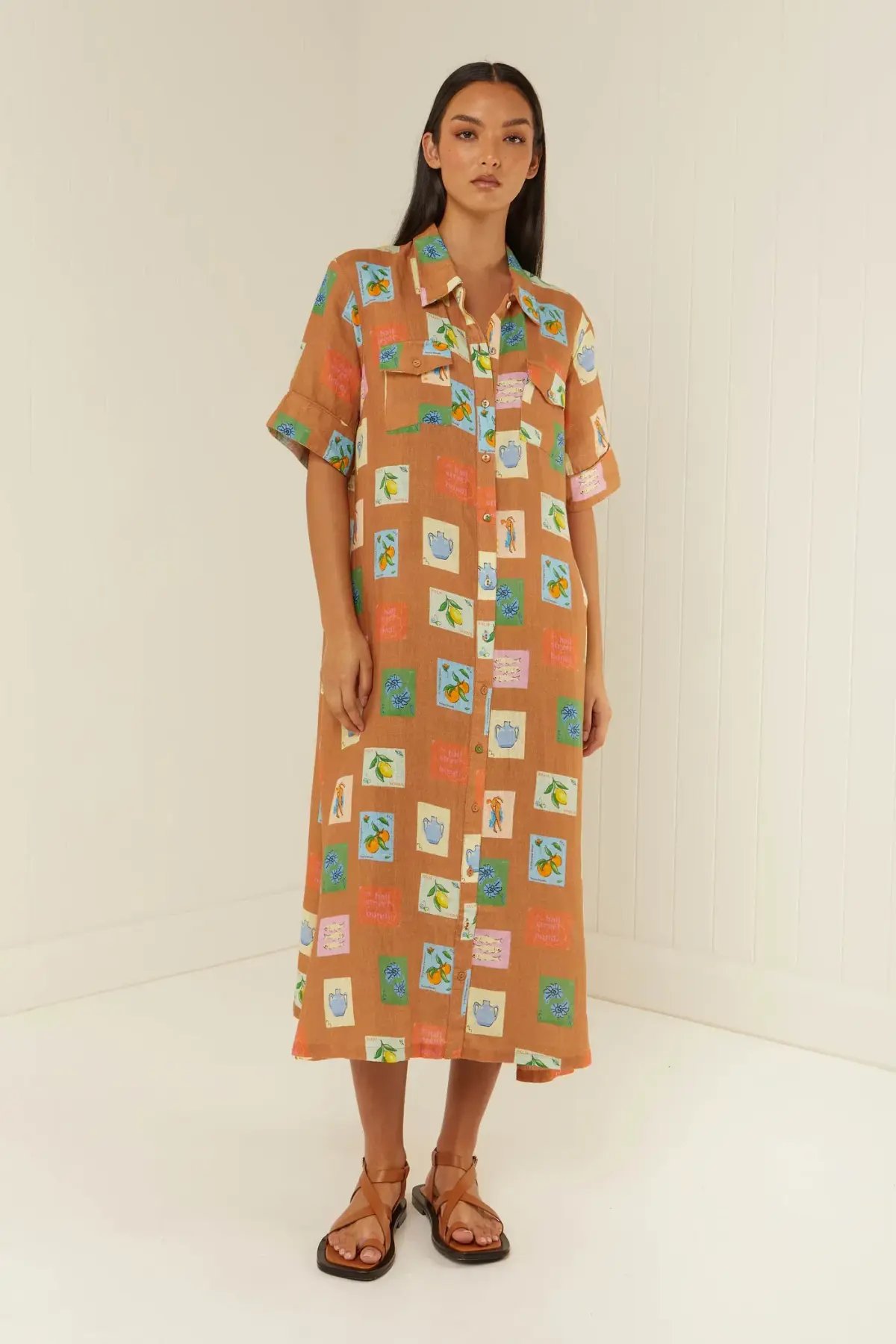 Palm Noosa Souvenir Shirt Midi Dress Brown Emblem Size 14 photo 5