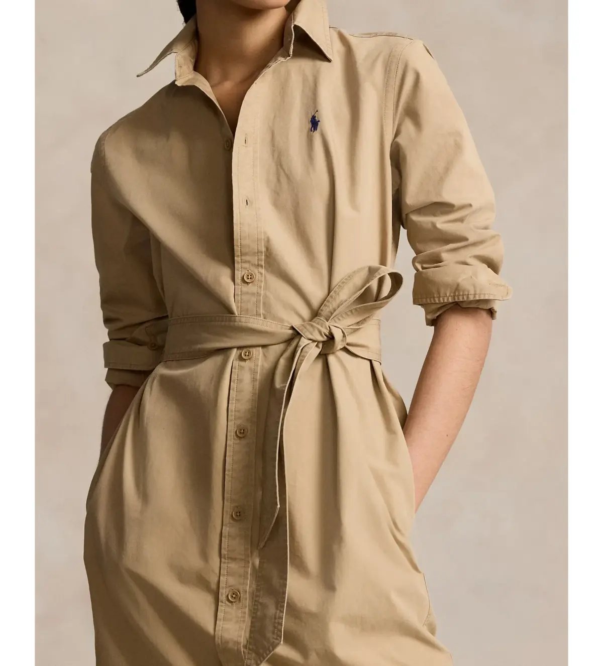 Ralph Lauren Polo Belted Cotton Midi Shirt Dress Beige Size 10 photo 3