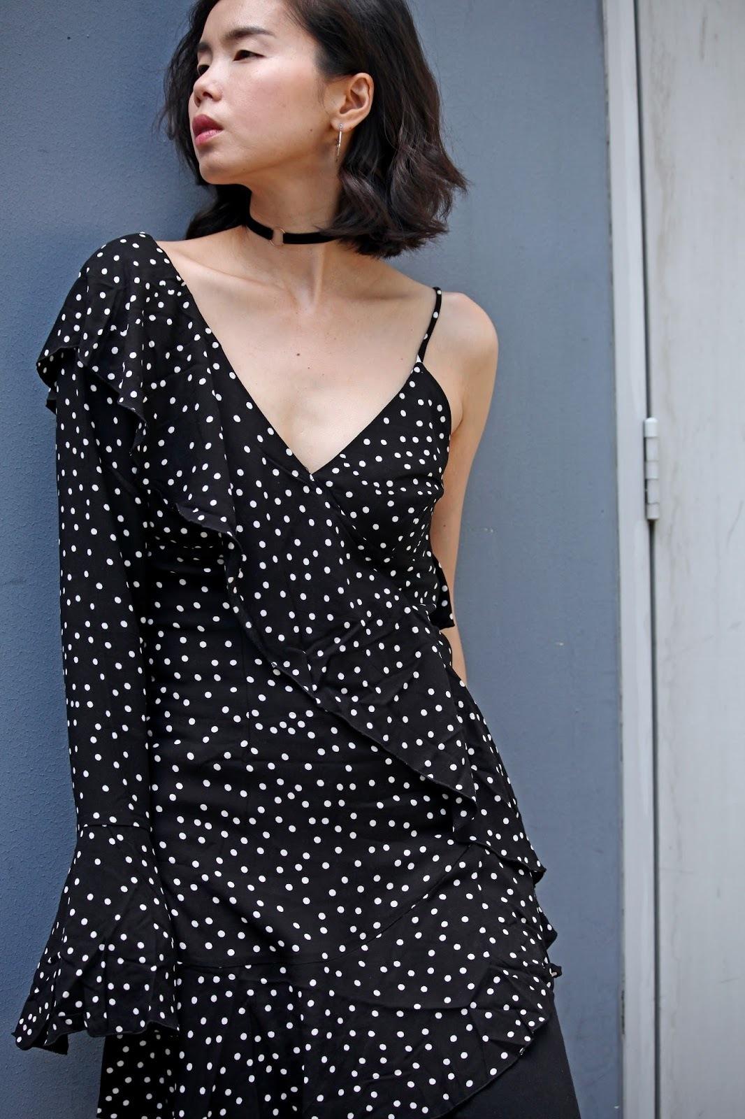 Shakuhachi Spot On One Sleeve Ruffle Polka Dot Dress Print Size 8 photo 5