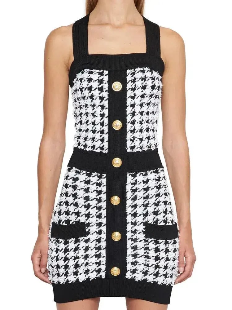 Balmain Pied De Poule Strappy Knit Mini Dress Black/White Size 8 photo 2