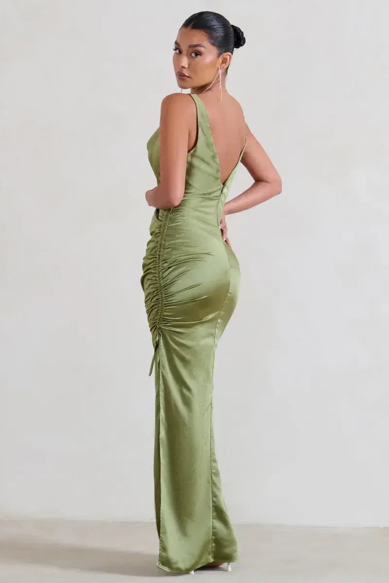 Club L london ruched cowl maxi dress olive color size 6 photo 2