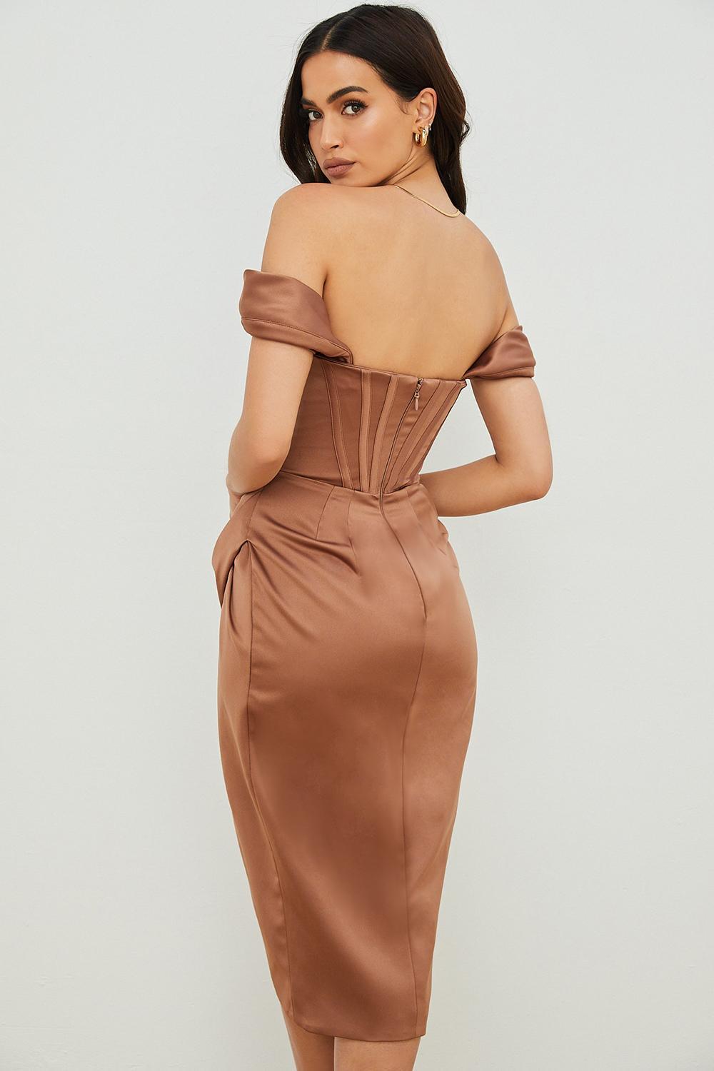 House Of CB Loretta Satin Off Shoulder Midi Dress Brown Size 8 photo 4