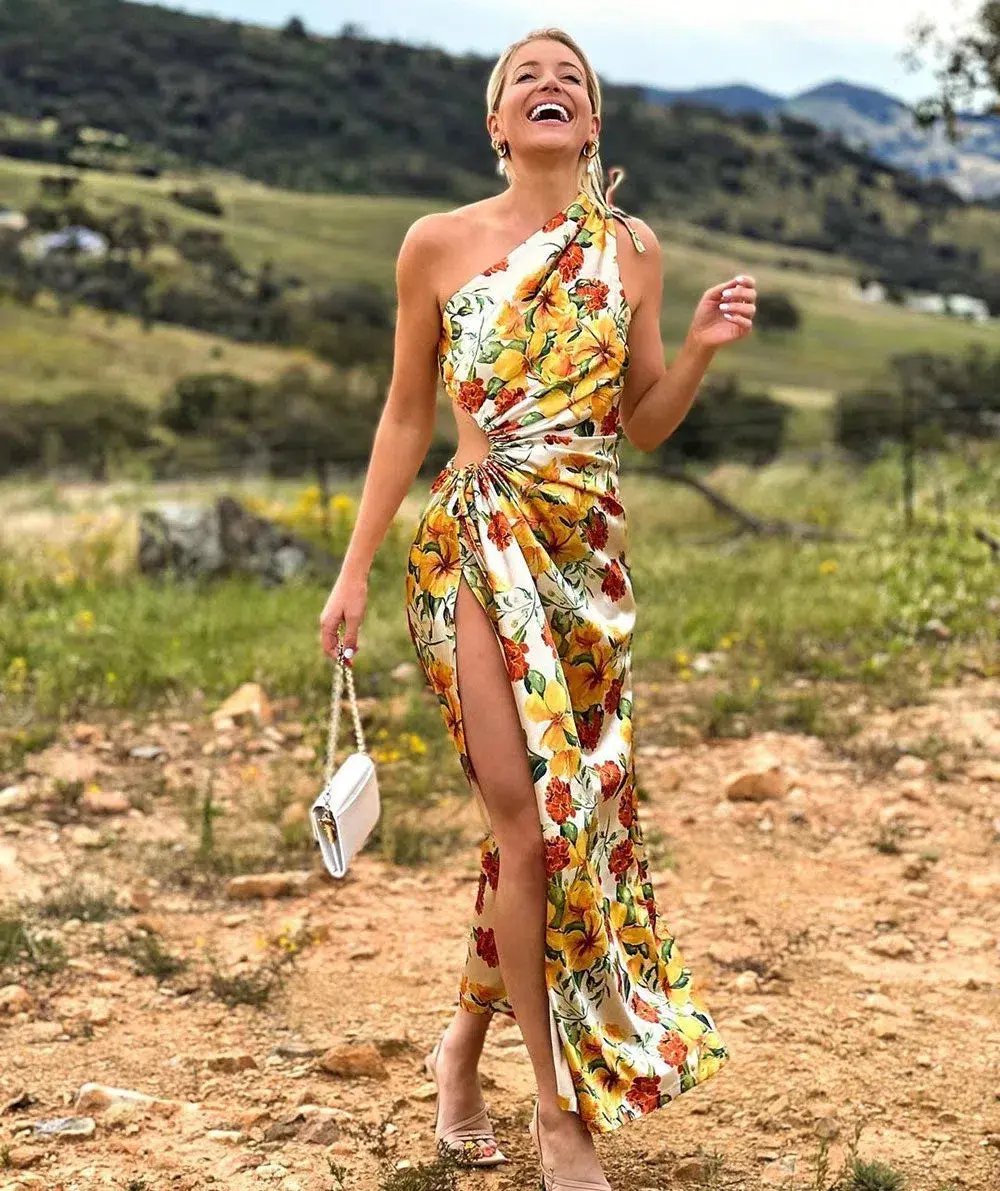 Sonya Moda Nour Yarden Floral Maxi Dress Cutout One Shoulder Yellow Size AU 8 photo 7