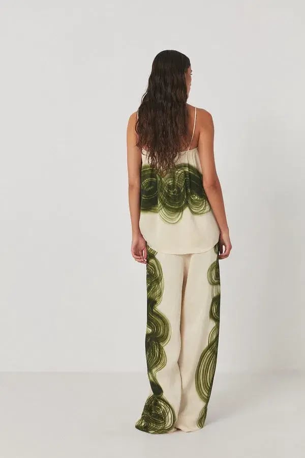 Rabens Saloner Magny Swirl String Elastic Cami and Briana Swirl Pleat Wide Pant Set in Olive Chalk Combo Size AU 10 photo 4
