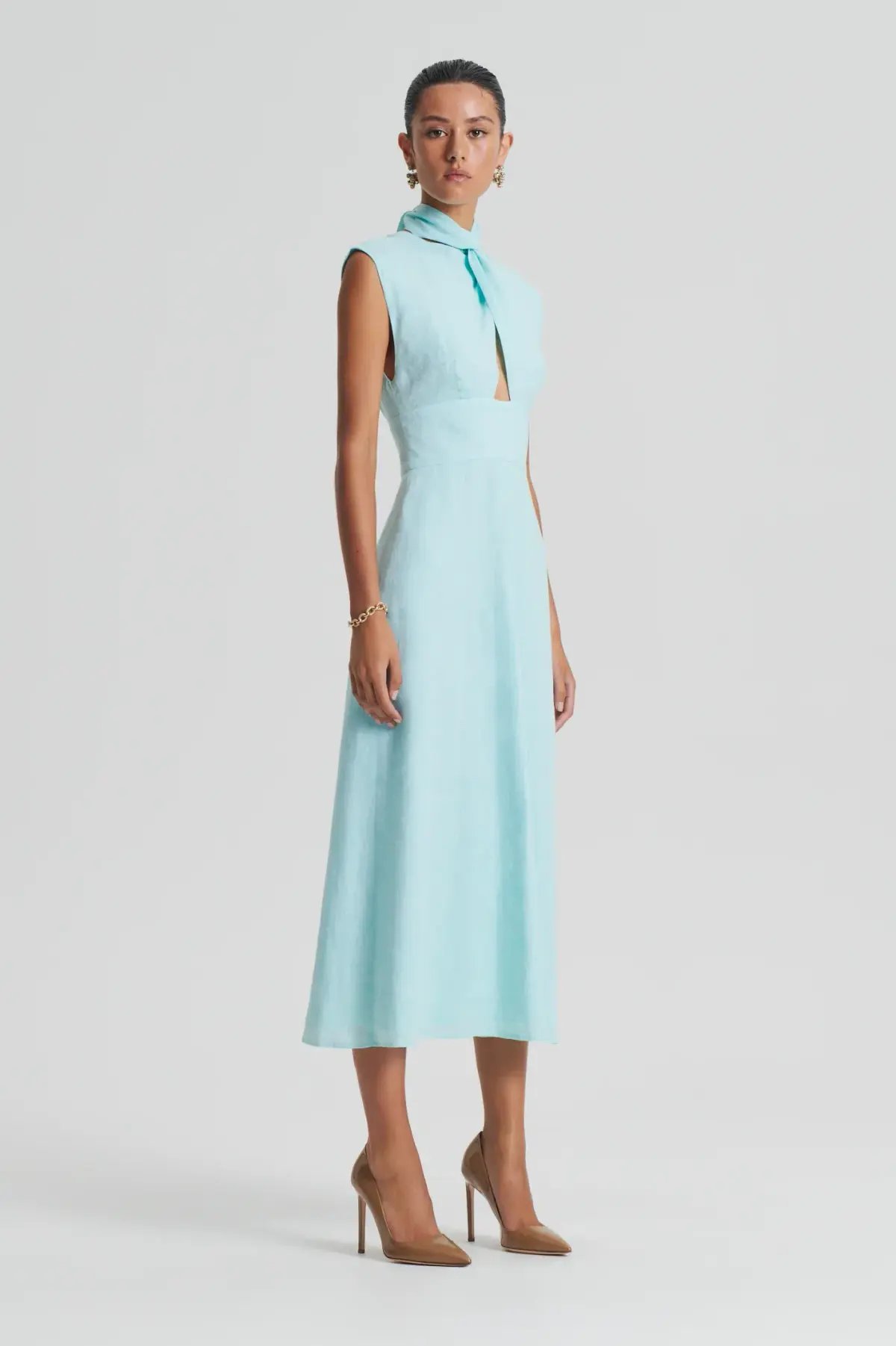 Scanlan Theodore Italian Linen Turban Twist Dress Midi Turquoise Size 10 photo 3