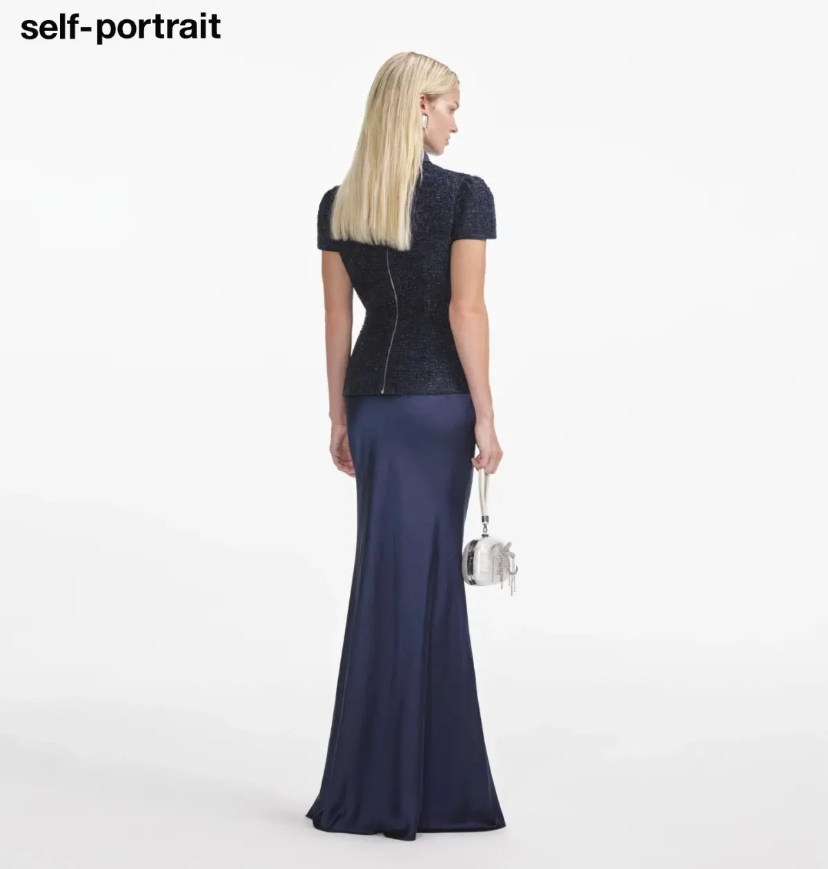 Self Portrait Navy Metallic Boucle Maxi Dress Size Small photo 2