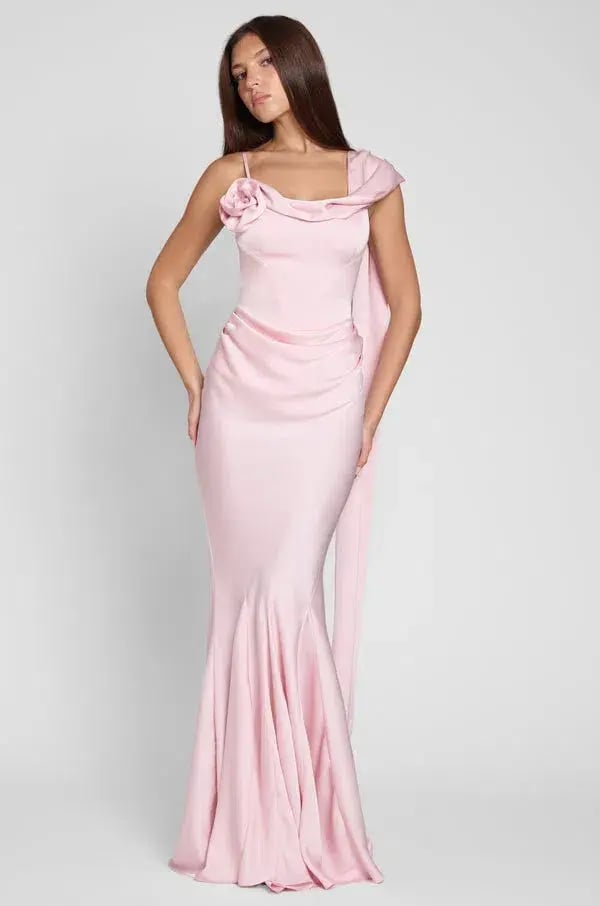 LEAU Celine Corset Drape Satin Maxi Gown Pink Size 10 photo 3