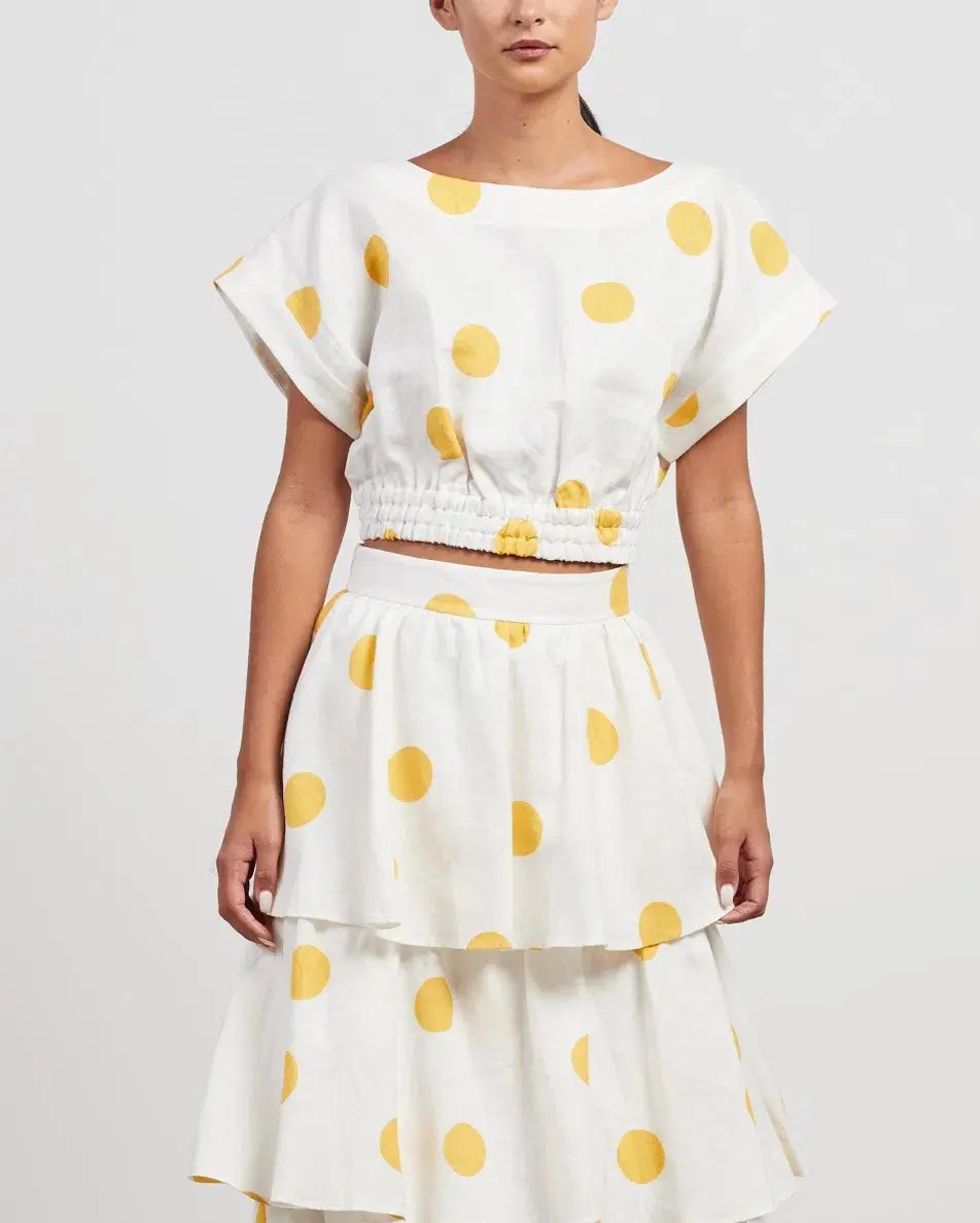 Rebecca Vallance Aya Polka-Dot Linen Midi Skirt and Crop Set White Print Size 12 photo 2