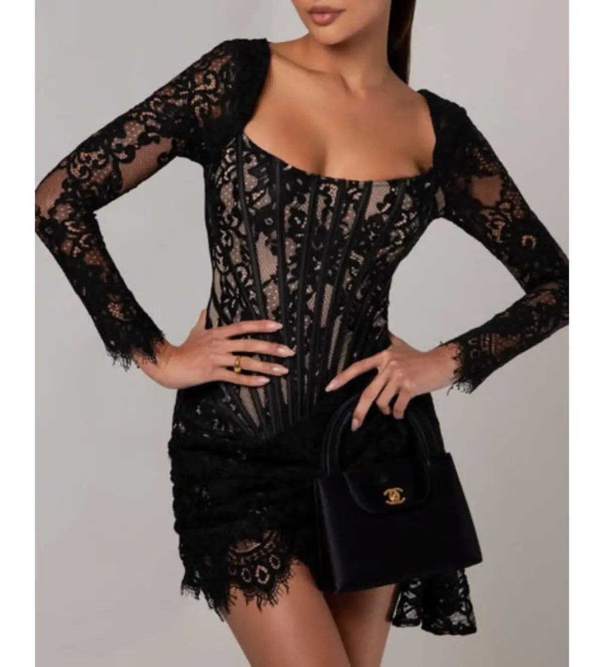 Heiress Beverly Hills Long Sleeve Lace Corset Draped Mini Dress Black Size XL/AU 14 photo 3