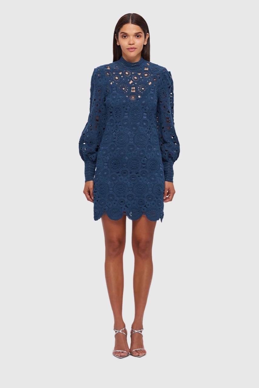 Leo Lin Daisy Crochet Long Sleeve Mini Dress - Navy photo 2