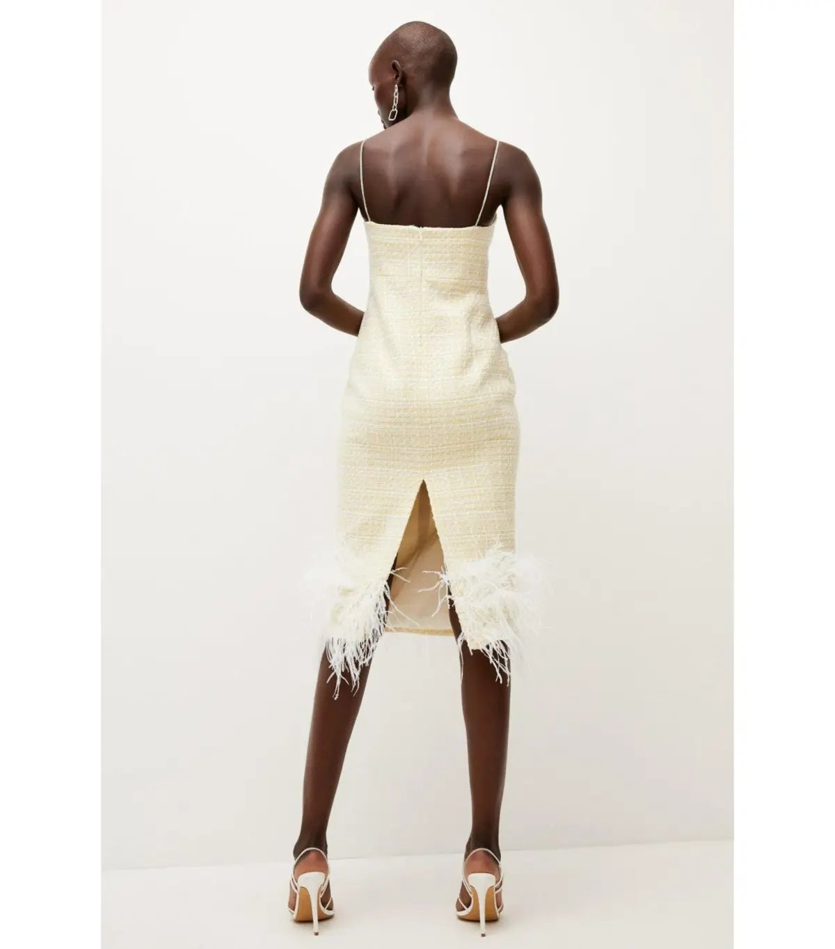 Karen Millen Tweed Chain Strap Feather Hem Midi Dress Yellow Size AU 10 photo 3