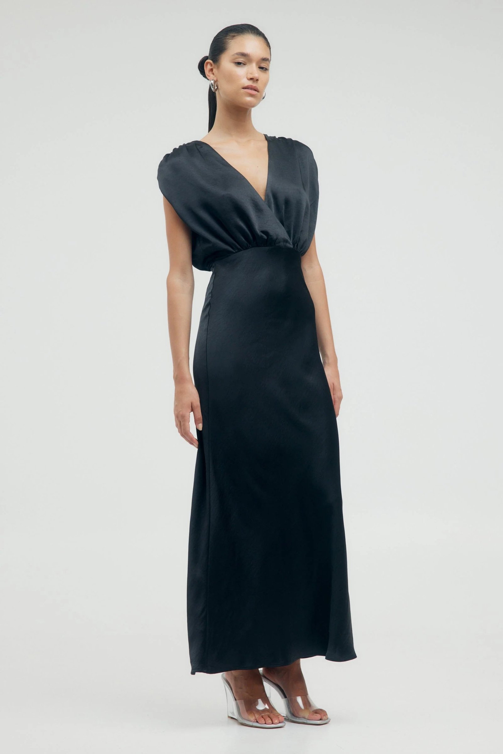 THIRD FORM SATIN CROSS OVER GATHER DRESS - BLACK photo 2