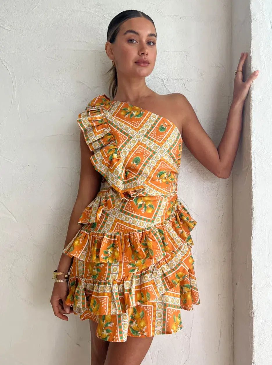 By Nicola Adrift Frill Mini Dress in Orange Mosaic Print Size 10 photo 2