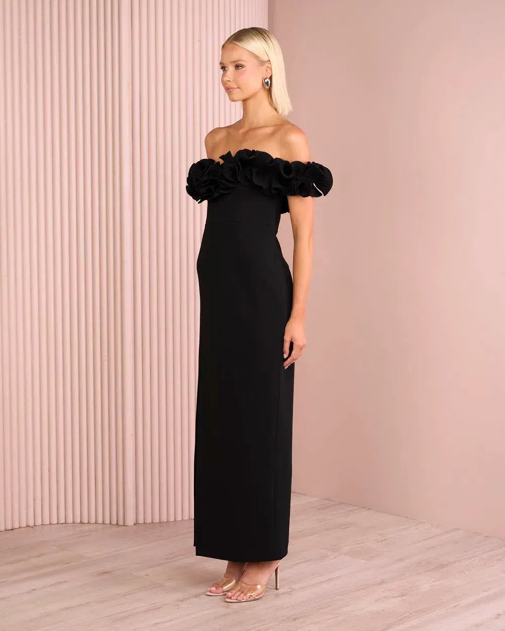 Elle Zeitoune Farley Frill Off Shoulder Maxi Gown Black Size AU 10 photo 3