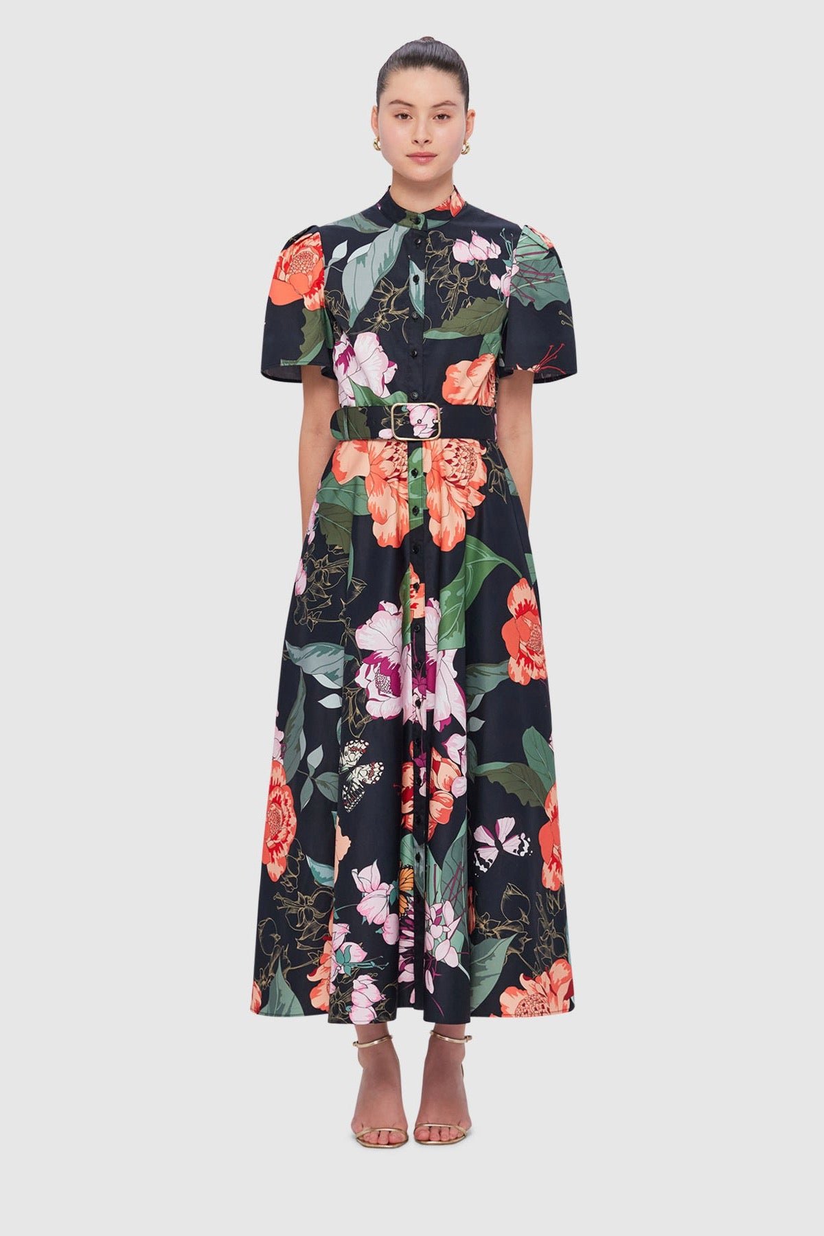 LEO LIN BIANCA SHORT SLEEVE MIDI DRESS - LUSH PRINT IN BLACK photo 2
