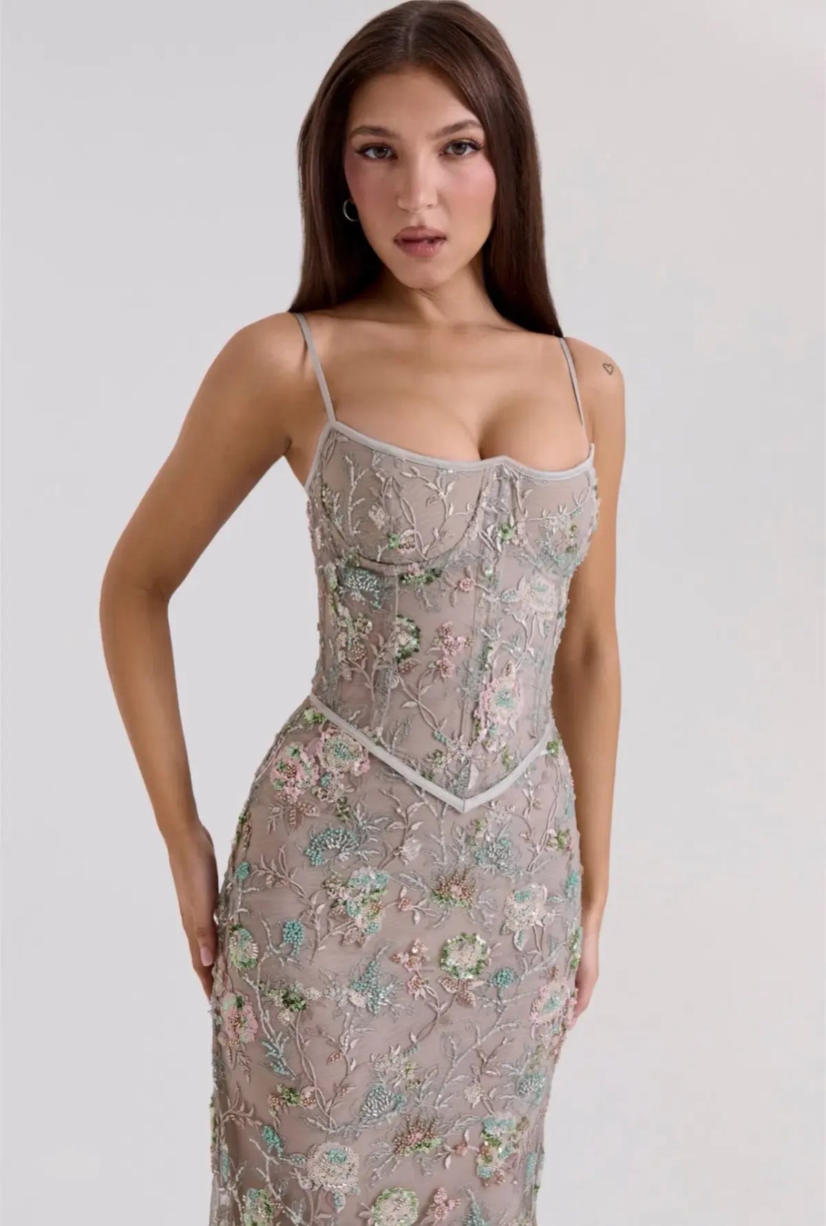House of CB Naima Embellished Beaded Corset Maxi Dress Silver size 6 photo 3