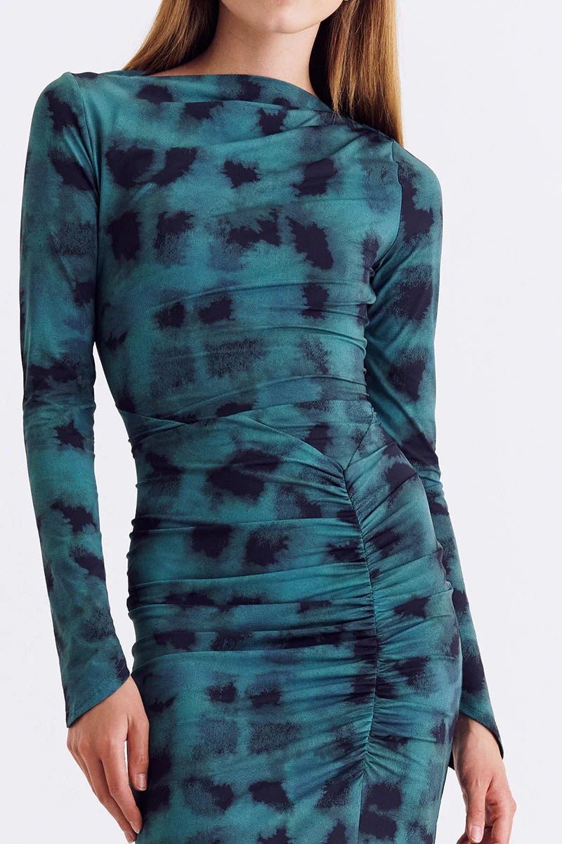 SUBOO SHIBORI LONG SLEEVE ROUCHED DRESS - GREEN PRINT photo 3