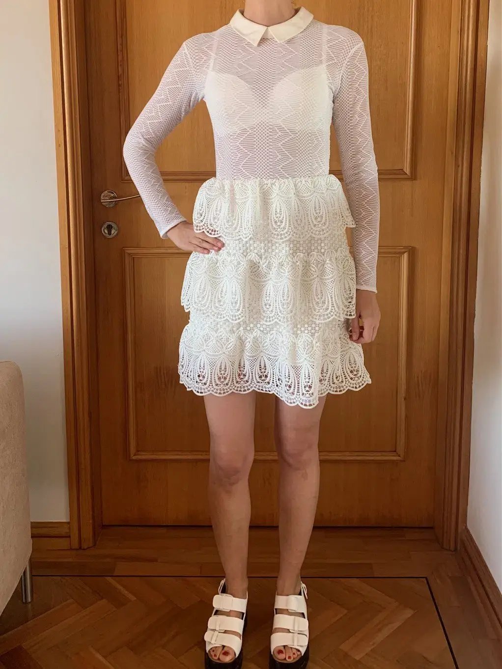 Self-Portrait Long-Sleeve Tiered Scalloped Lace Dress White Size AU 12 photo 2