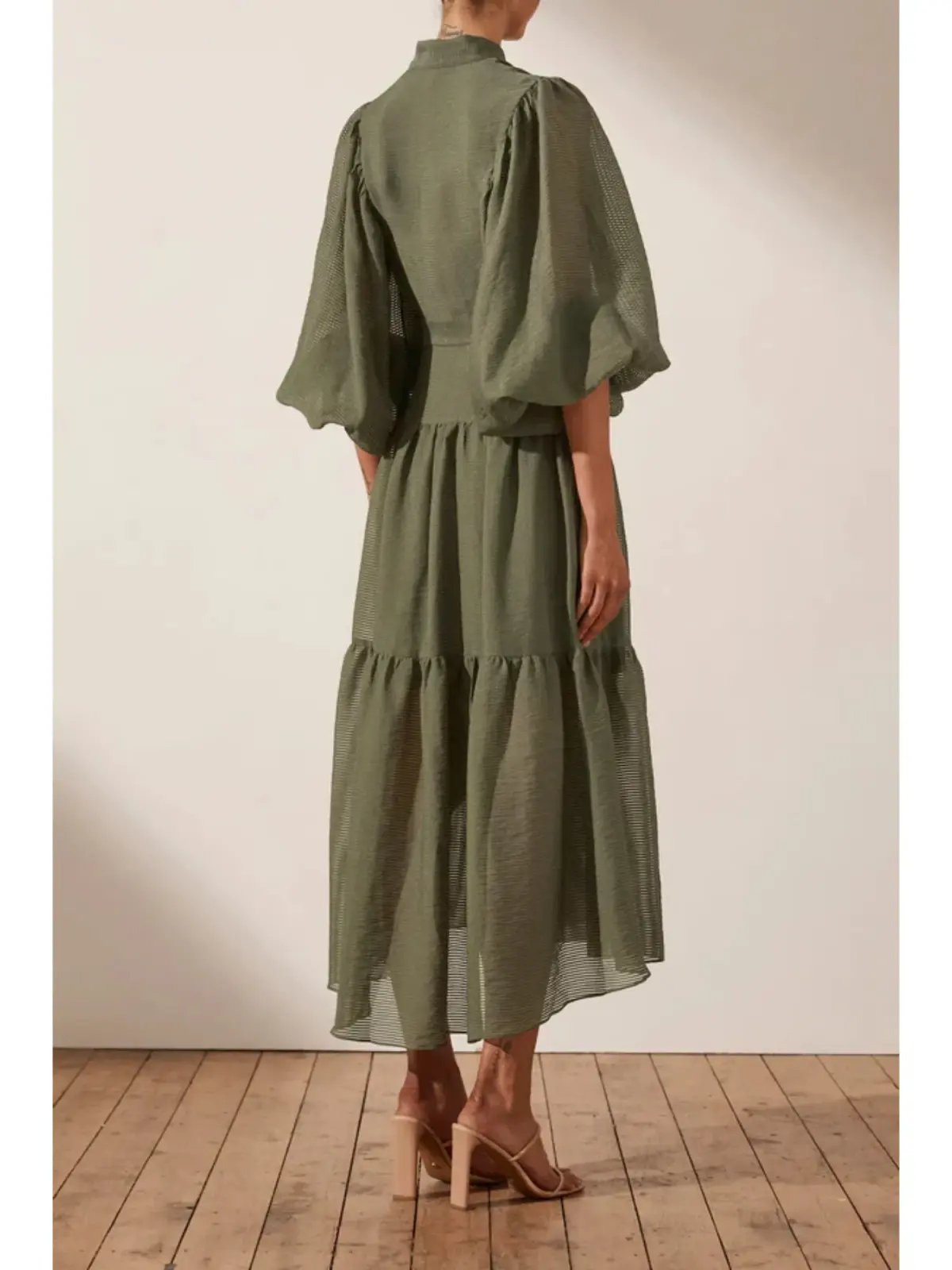 Shona Joy Charlotte High Neck Midi Dress Khaki Size AU 16 photo 4