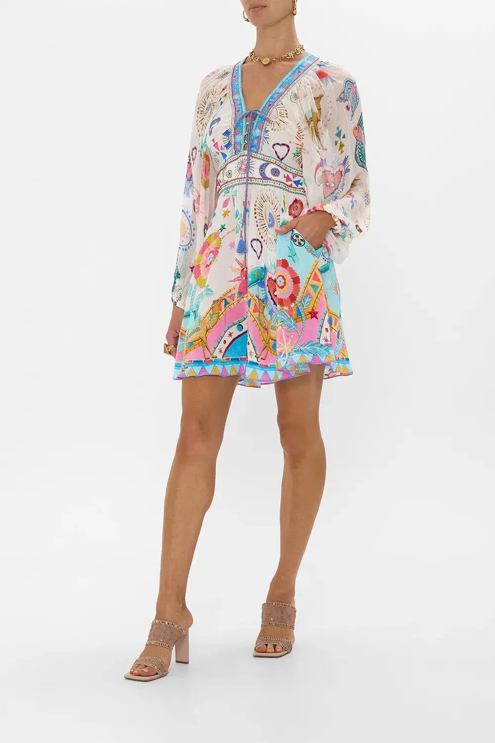 Camilla White Lace Up Front Short Dress Living In Colour Multi Size 12 photo 2