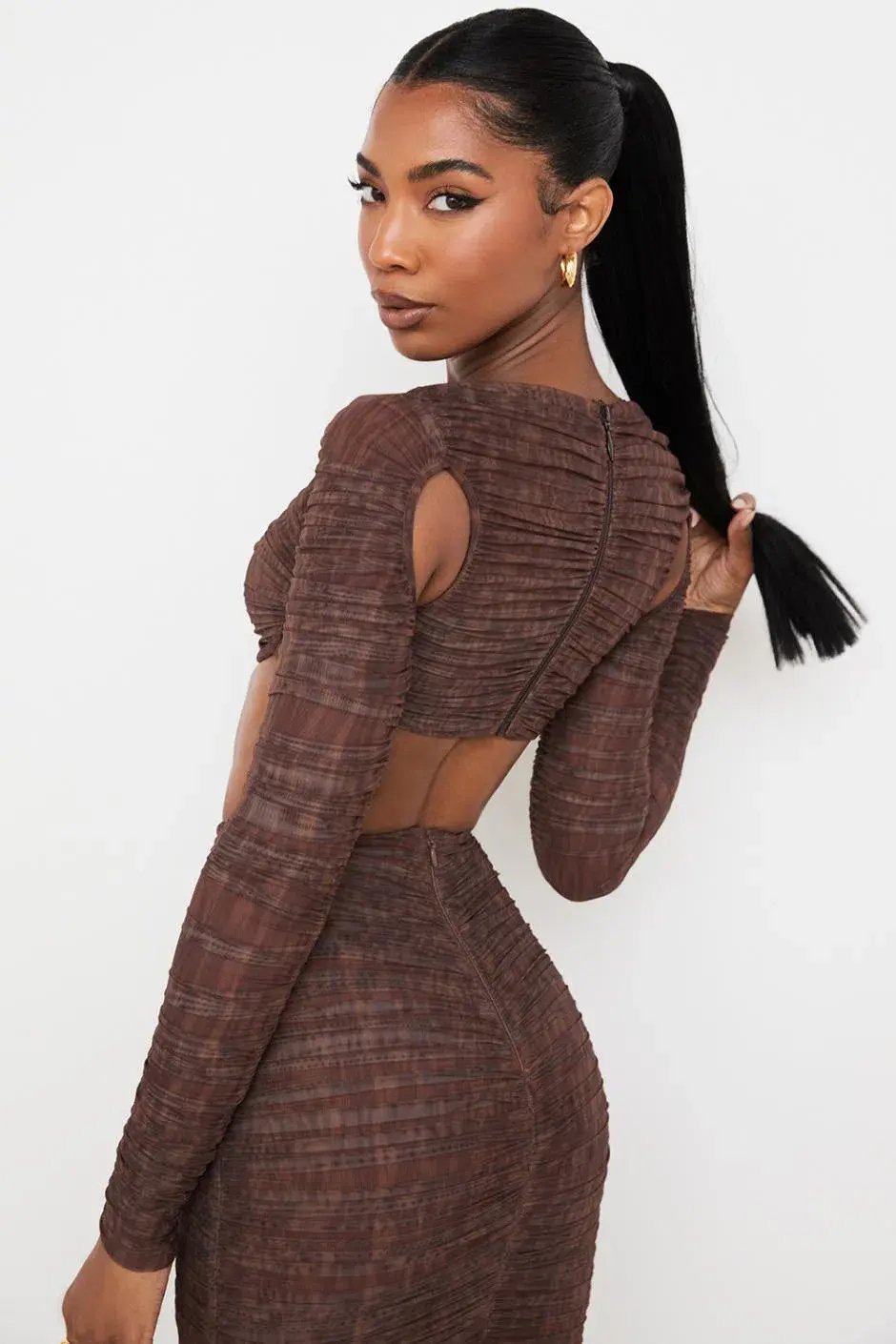 House of CB Blythe Chocolate Print Ruched Mesh Cut Out Cropped Top & Laverne Chocolate Print Ruched Maxi Skirt Brown Size 6 photo 3