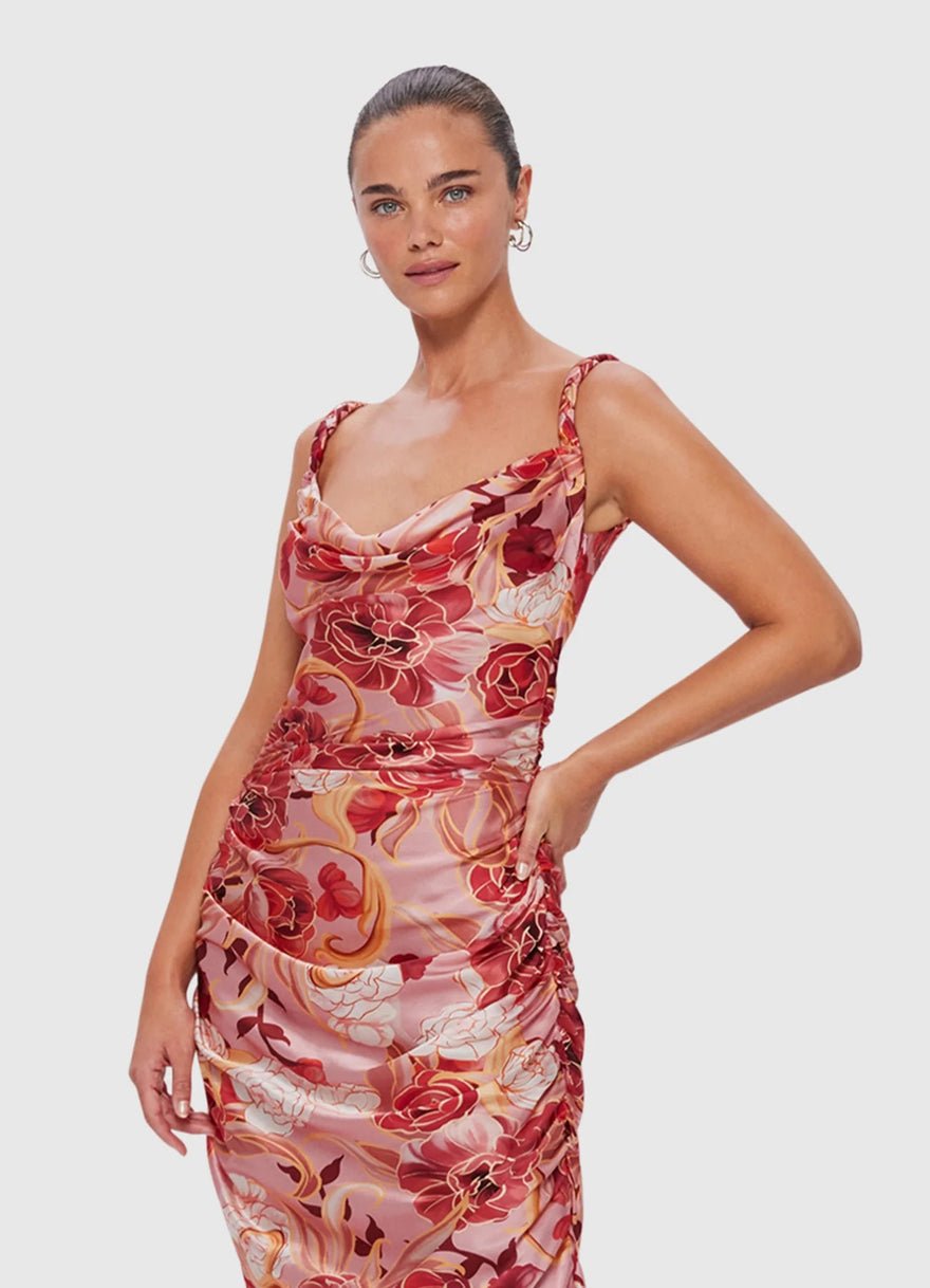 Leo Lin Rachel Cowl Neck Slip Dress - Adorn Print In Passion photo 2
