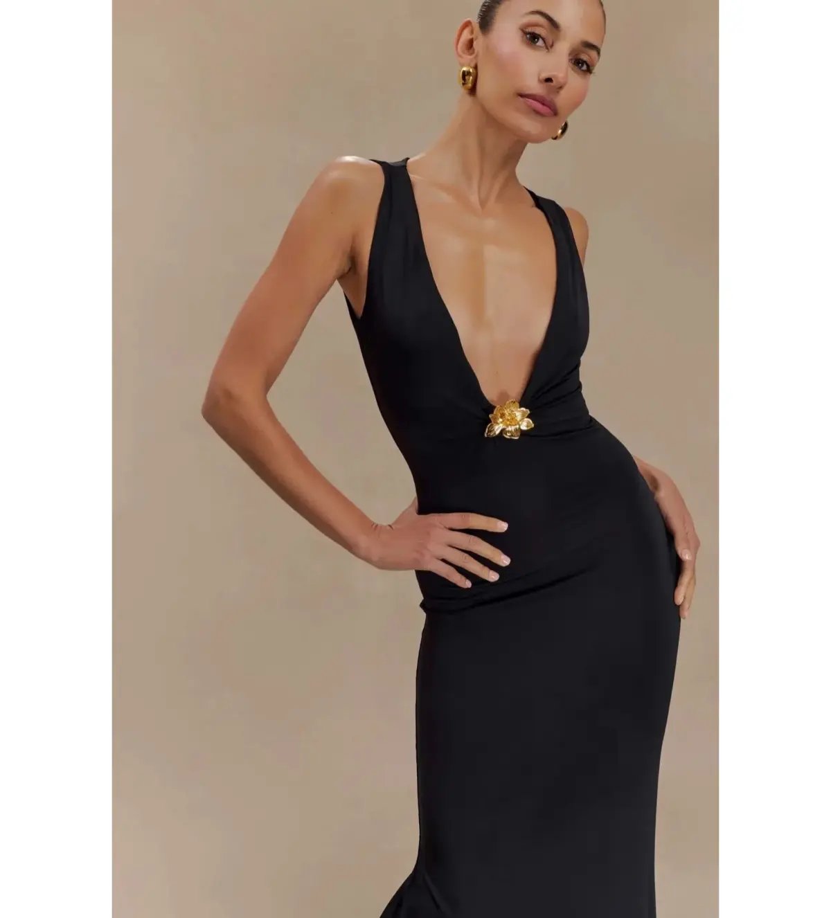 MESHKI Beck Plunge Maxi Dress Black with Floral Hardware Size S AU 8 photo 3