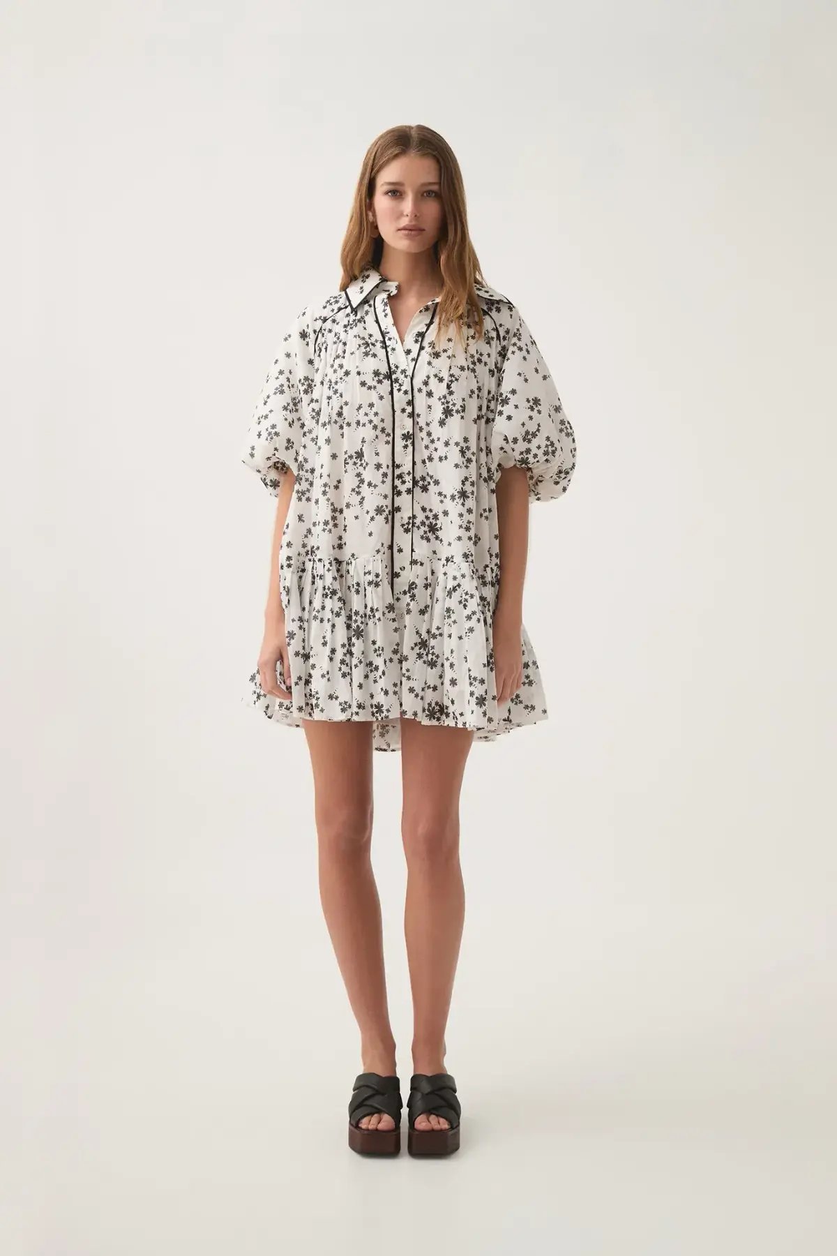 Aje Anthea Mini Smock Dress Daylight Daisies Black & White Size 10 photo 2