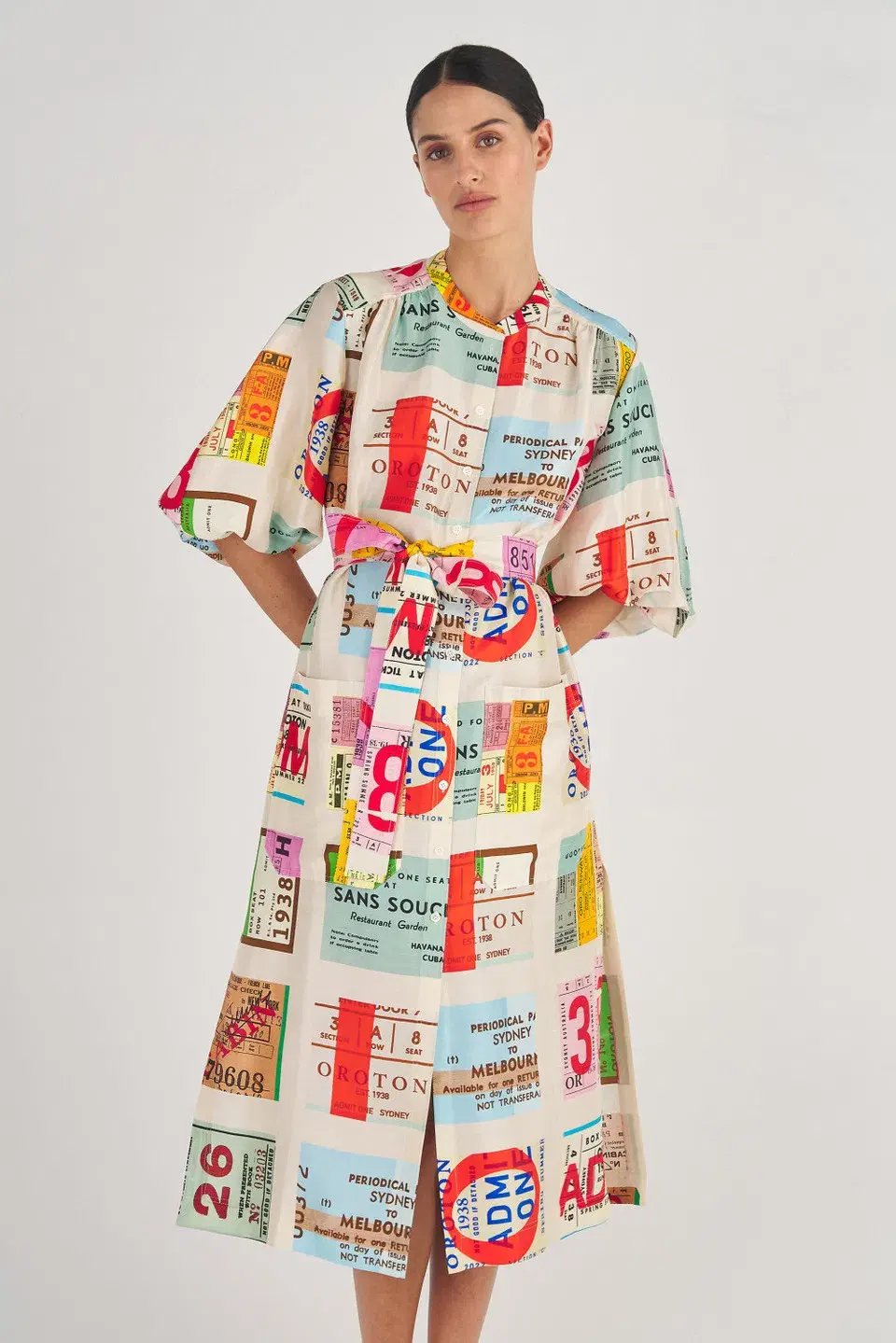 Oroton Ticket Print Shirt Midi Dress Multi Print Size 16 photo 4