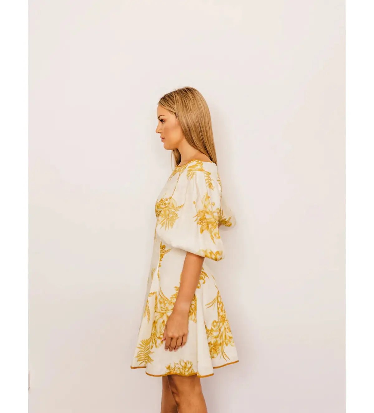 Zimmermann Empire Linen Puff Sleeve Mini Dress in Gold Size 0 /AU 8 photo 2