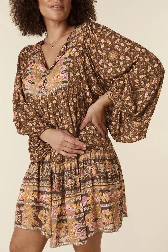 Spell Madame Peacock Boho Mini Dress Coffee Size 8 photo 2
