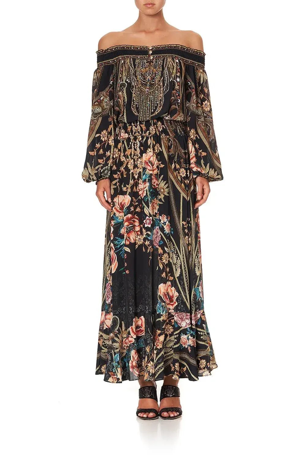 CAMILLA Off Shoulder Shirred Silk Maxi Dress Print Size S/Au 10 photo 3