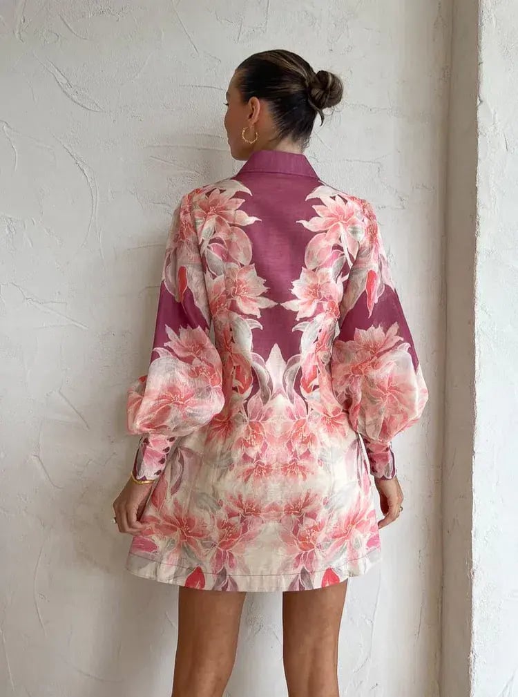 Leo Lin Luminous Silk Linen Mini Dress in Orient Print in Hibiscus Pink Size 10 photo 6