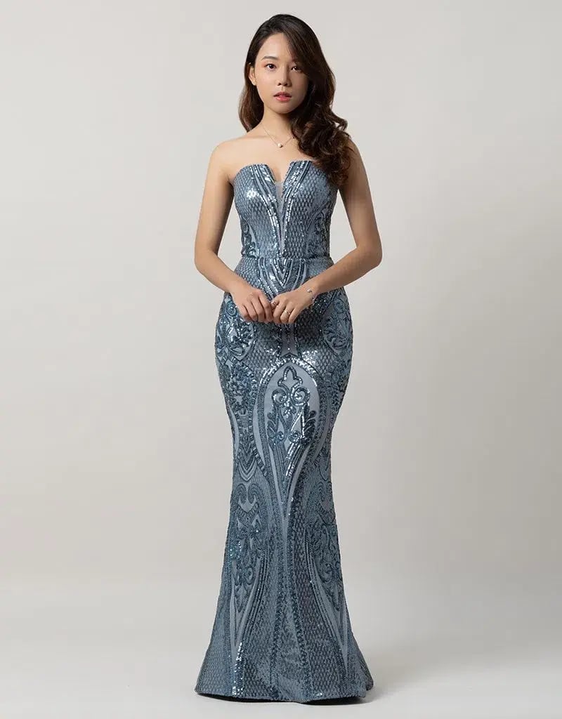 Bariano Maia Strapless Pattern Sequin Gown In Antique Blue Size 10 photo 3
