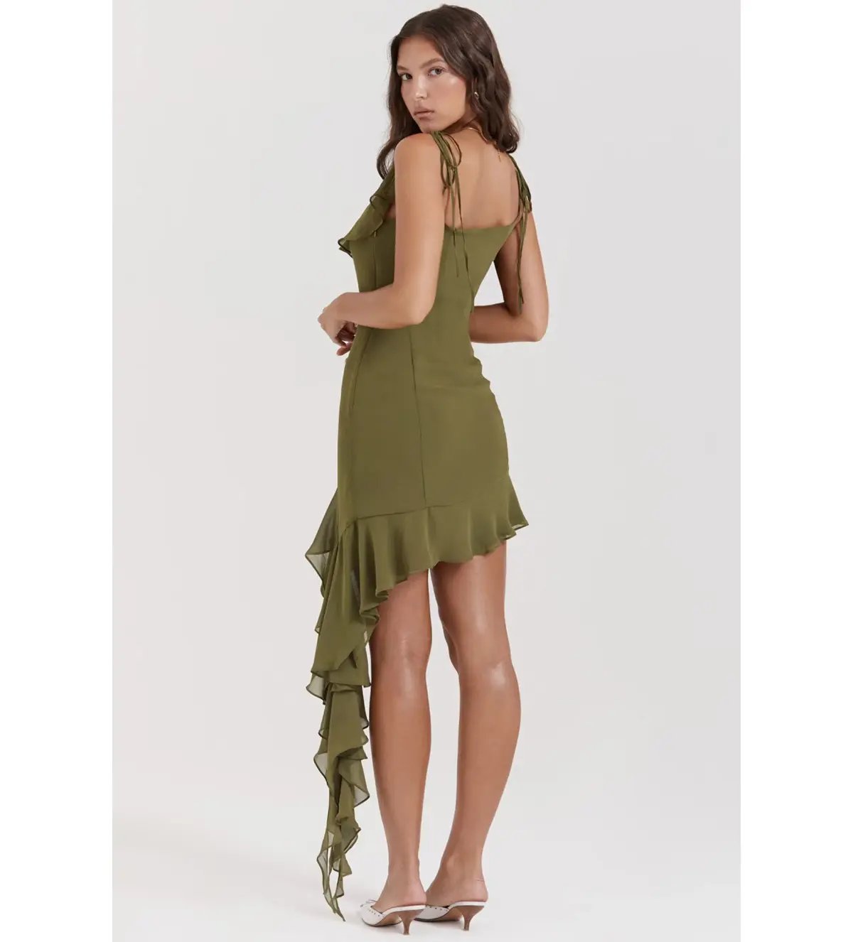 House of CB Marcia Ruffle Mini Dress Olive Size XS/AU 6 photo 3